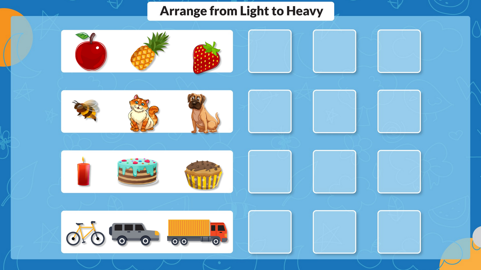 Worksheet for Arrange from Light to Heavy