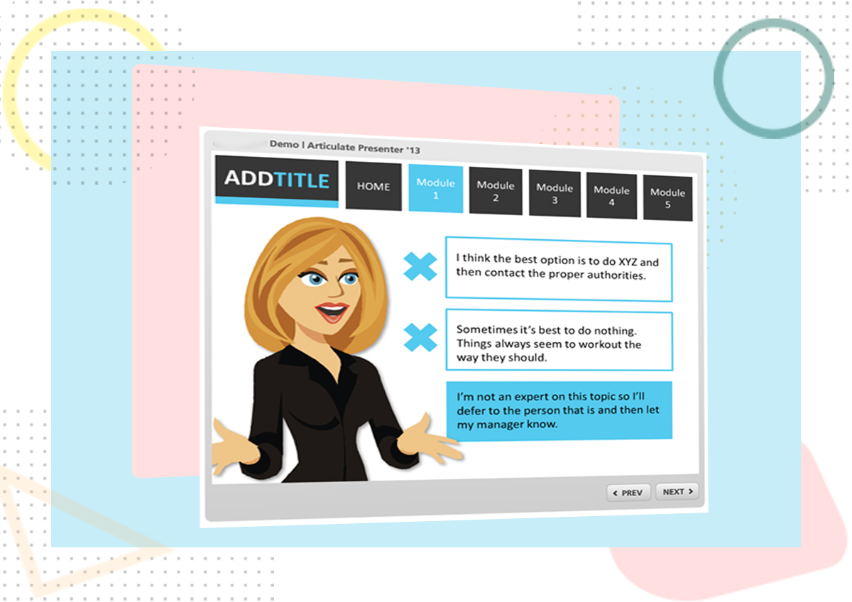 Articulate Storyline solutions for creating interactive and customizable e-learning courses.