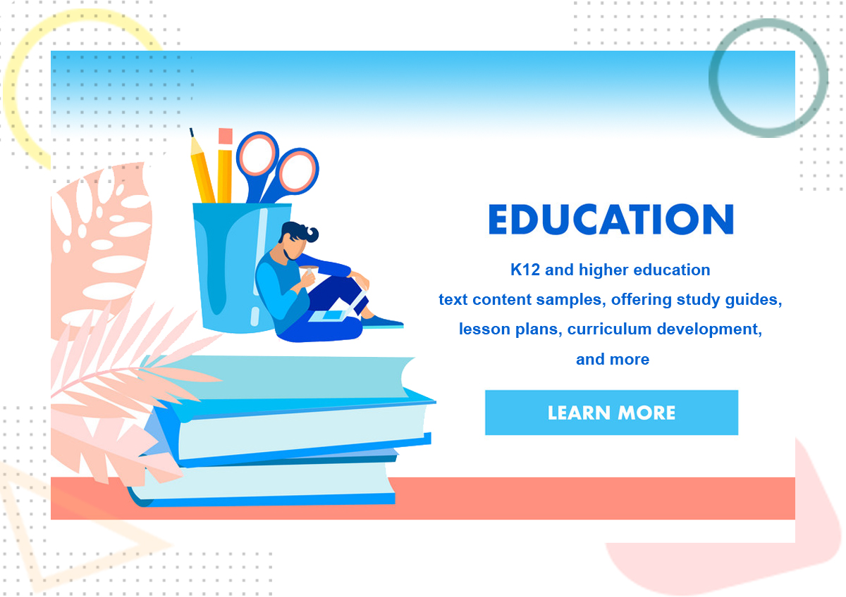 K12 and higher education text content samples, offering study guides, lesson plans, curriculum development, and more